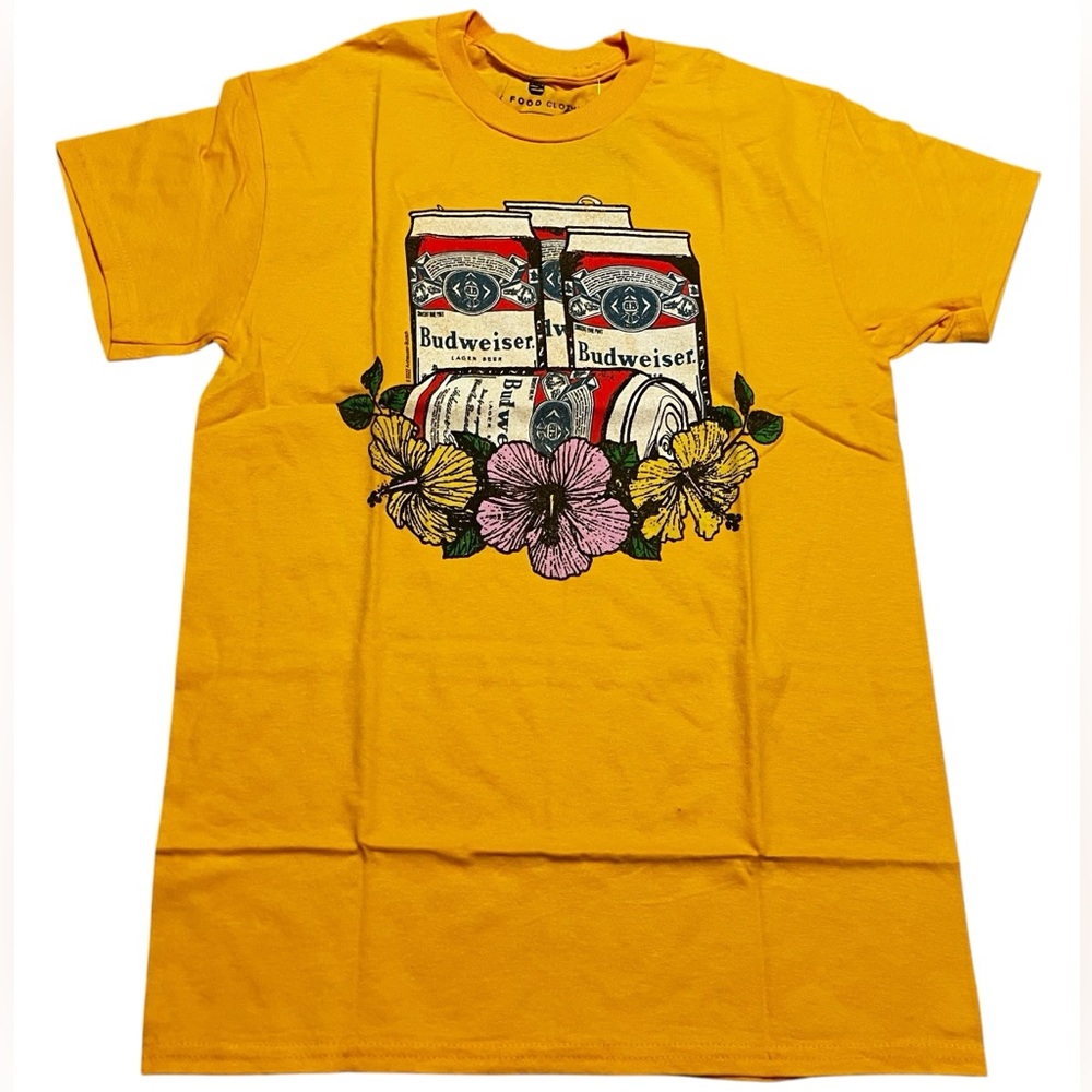 Junk food clothing men’s Budweiser cans & flowers graphic T-Shirt yellow size XS